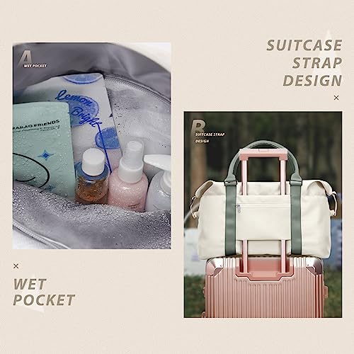 Image of Travel Duffel Bags for Women Mens Waterproof Weekender Carry on Bag Sports Gym Bag Travel Tote Bags with Wet Pocket Overnight Bag Workout Duffel Bags with Trolley Sleeve Beige with Green