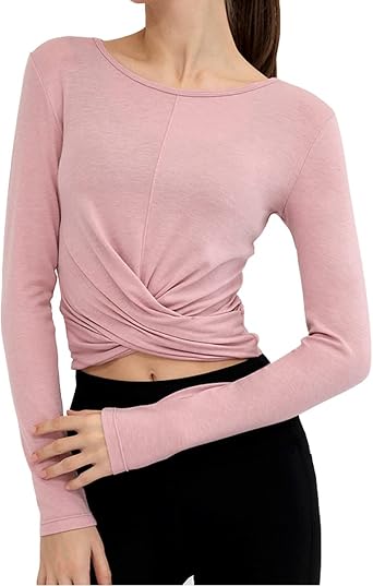 DREAM SLIM Womens Cute Long Sleeve Crop Tops Casual Fit Cross Wrap Yoga Running Shirts Gym Workout Tank Tops