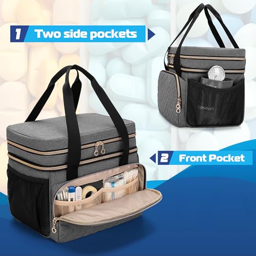 Image of LUXJA Double Layer Medicine Bag with Detachable Divider, Pill Bottle Organizer with Handle Straps (Suitable for Travel or Home), Gray