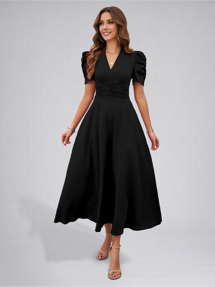 Image of Women's Solid Color V-Neck A-Line Maxi Stylish One Piece Long Midi Dress Party Outfit | Waist Cinched Puff Sleeve Elegant Casual Dresses for Women