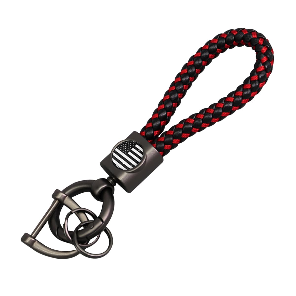 American US Flag Car Keychain, Fob Key Chain Leather Braided Bracelet with 2 Rings 1 Carabiner