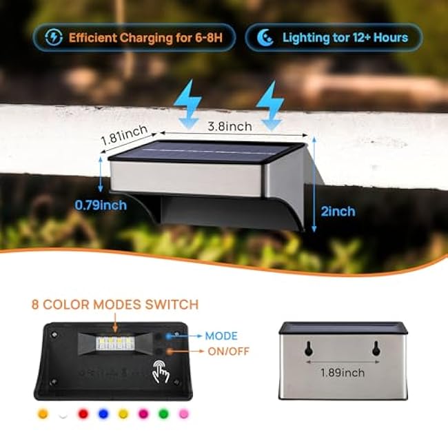 Solar Deck Lights 4 Pack Outdoor Waterproof - Step Lights for Stairs & Fence, 8 Color Changing Security Lighting with Auto On/Off, Wall Lights for Patio/Yard/Pathway (Warm/Cool White + RGB)