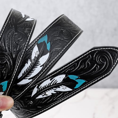 Western Cowboy Cowgirl Belt Women Men, Turquoise Buckles Embossed Leather Belt for Jeans Pants Rodeo,Black b,110CM/43.3''4