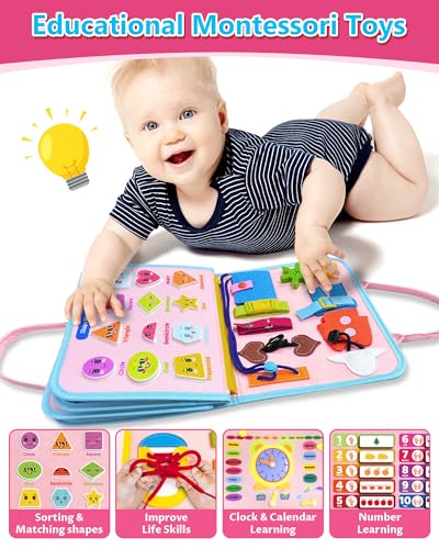 Image of Exorany Busy Board Montessori Toys for Toddler Girl & Boy Birthday Gifts, Busy Book Learning Sensory Toys for Toddlers, Toddler Travel Toy Educational Activities Learn Fine Motor Skills