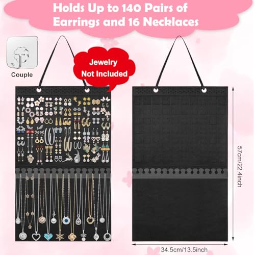 Image of HASTHIP Hanging Jewelry Organizer for Earrings & Necklaces, Felt Display Holder with 140 Earring Holes & 16 Necklace Hooks, 57x34.5 cm