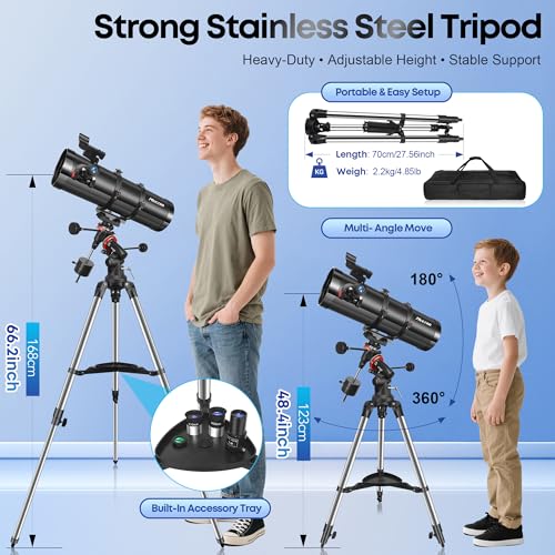 Image of MEEZAA Telescope, 150EQ Newtonian Reflector Telescope for Adults Astronomy Beginners, Professional Astronomical Telescopes with Equatorial Mount, Phone Adapter, Tripod, Moon Filter and Large Carry Bag