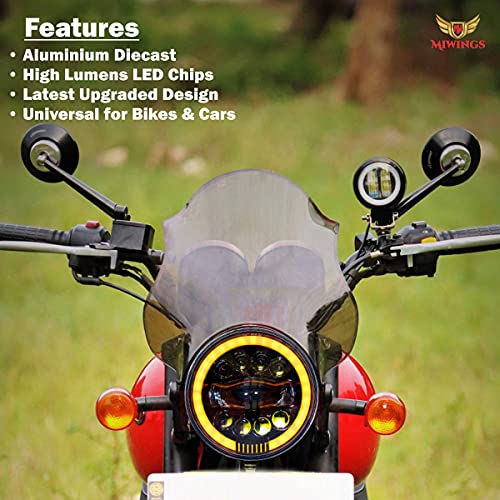 Image of Miwings 7 inch Round LED 1LNG8CB Style Hi /Low Beam Amber & White Headlight 75W H4 Compatible with Royal Enfield, Jeep, Thar, motorcycle, Cars, Harley Davidson