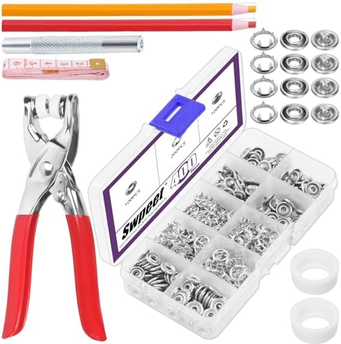 Swpeet 100 Sets 9.5mm/0.37" Silver Hollow Metal Snaps Buttons with Snap Fasteners Pliers Pull Crayons Tape Measure Assortment Kit, Leather Snap Button Fasteners Tools Kit for Clothing Sewing Crafting