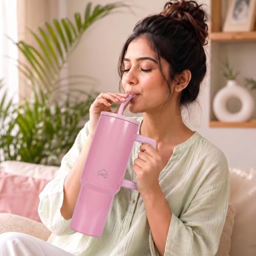 Image of House of Quirk 1200ML Stainless Steel Tumbler with Handle & Lid, 2 Straws - Large Travel Mug Water Cup for Gym, Office & Outdoor Use (Shiny Baby Pink)