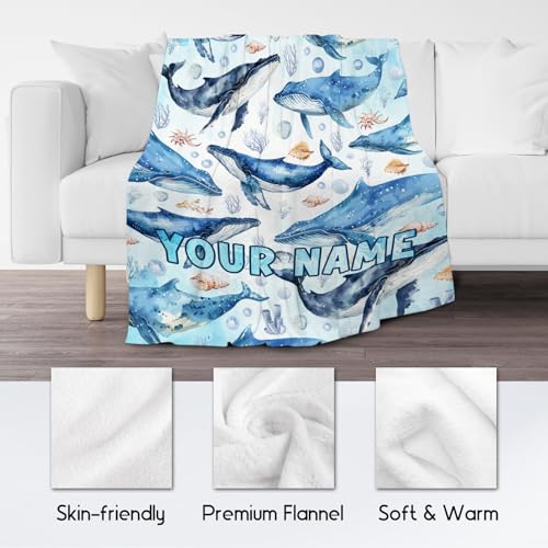 Custom Whale Blanket with Name for Women, Cute Soft Gifts for Ocean Lovers, Cozy Flannel Throw for Bed Living Room, 60"x80"