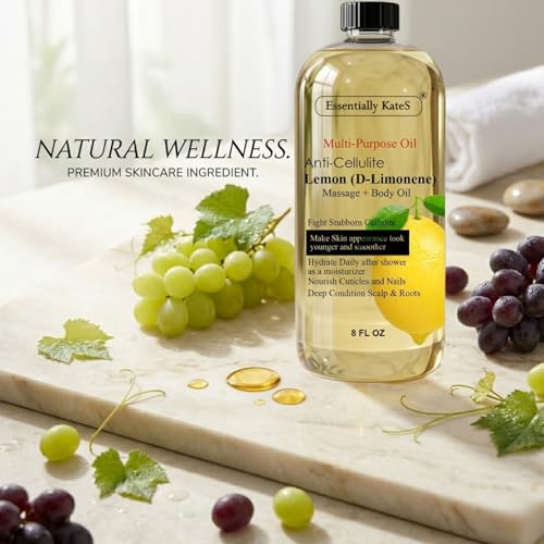 Image of Essentially KateS Lemon (D-Limonene) Massage Lotion Body Oil Multi-Purpose Oil 8 Fl Oz - Cellulite Massage, After-Shower Moisturizer, Hair Scalp Conditioning, and Nail & Cuticles Nourishing