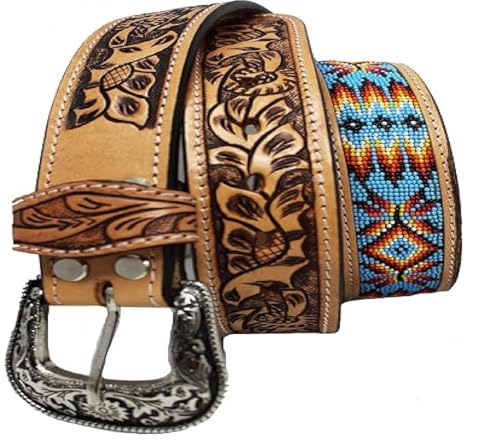 Beaded Men's Leather Belt Handmade Quality Thick Durable Wax Colorful Designs Cowboy Western Style Alloy Classic Fitted Casual Formal Wear in Pant Trouser Jeans Size: W-40-43/L-51in3