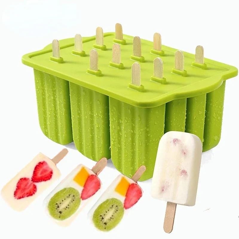 Molde de Helado de Silicona de Grado alimenticio de 12 cavidades con Cubierta, Caja de paletas, Molde for Polos, Bandeja de Hielo for Postre, Utensilios de Cocina (Color : Blue)