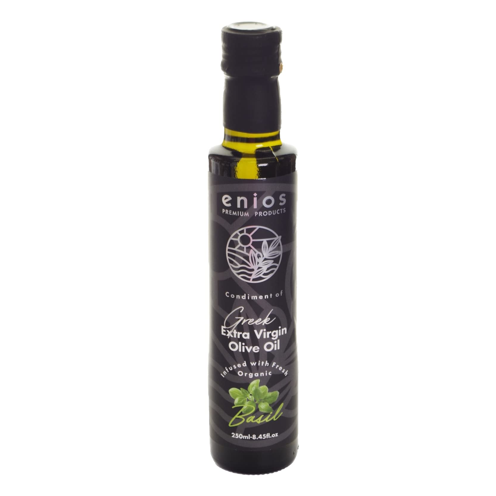 Basil Infused Greek Extra Virgin Olive Oil 250ml. 100% Natural. No flavourings. No preservatives. No essential oils. No chemicals. No floating 'bits'. Absolutely nothing artificial!