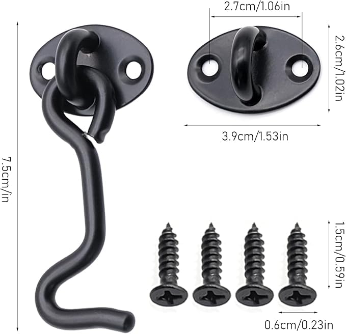 AMJKEJI 4 Pcs Door Latch Locks Cabin Hook and Eye Latch Stainless Steel Gate Latch with Mounting Screws for Wooden Gates Outdoor Garden Garage BathroomWindow Cabinet Internal Doors Black (3 Inch) - Image 2