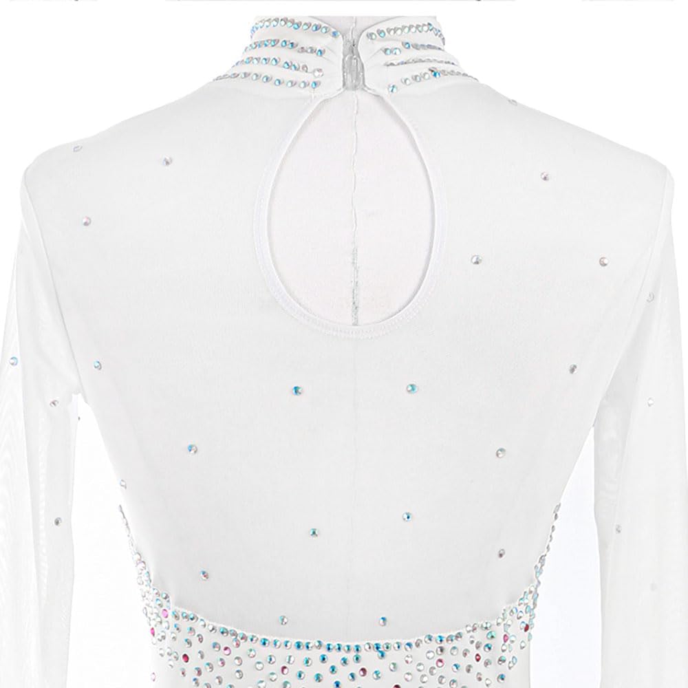 Winter Sports Figure Skating Dress Women Long Sleeves Rhinestones Gymnastics Leotard White Ballerina Outfits