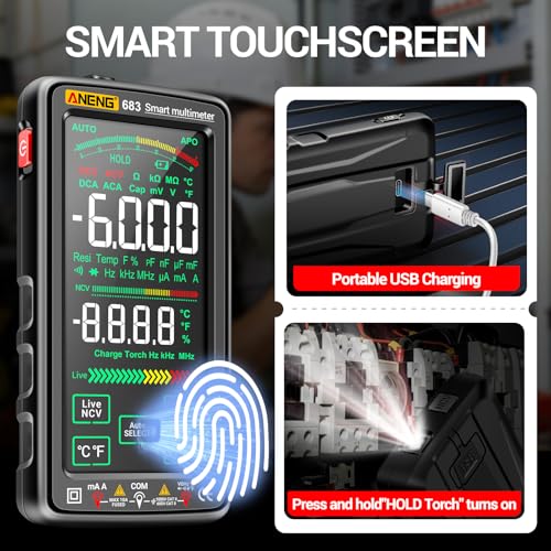 Image of Smart Multimeter, Smart Digital multimeter Tester with Touch Screen 6000 Counts Auto Ranging Rechargeable multimeter A Reverse Display NCV Tester with Flashlight for Electricians,DIY (Black)