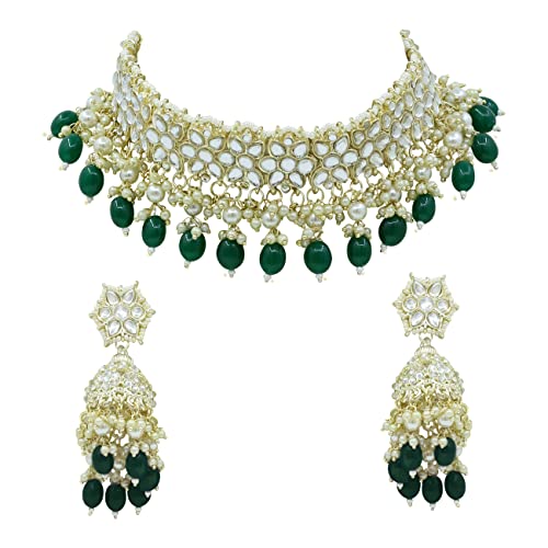 Gargantilla floral de perlas Kundan Patti en metal verde texturizado