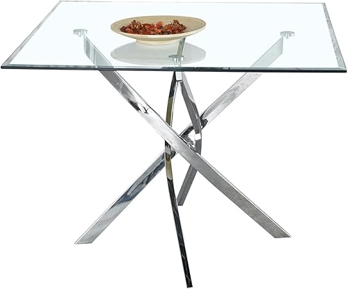 Mesa de comedor cuadrada de vidrio con mesa de vidrio templado, patas de acero inoxidable, mesa de cocina moderna cuadrada de vidrio de 36 pulgadas,