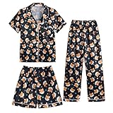 Hupohoi Unisex Girls Boys Kids Pajama Sets Button Down Satin Sleepwear Nighty 3PCS Silky Lounge Sets Nightwear Short Sleeve Long Pants, 3pcs-Fox, 12
