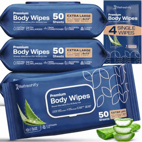 200 XL Body Wipes for Adults Bathing No Rinse, XL Shower Wipes and Disposable Washcloths, Wipes for Adults, Adult Wipes for Elderly Care and Recovery, Travel Wipes Included, 8'x 12'