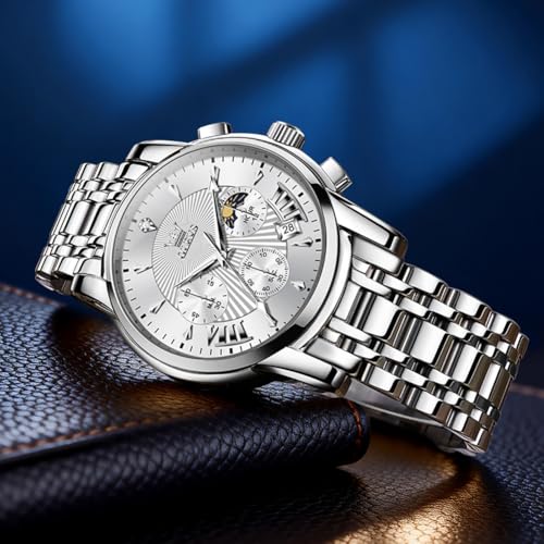 Image of OLEVS Watch for Men Classic Business Dress Analog Quartz Stainless Steel Waterproof Luminous Date Diamond Men Silver Watch