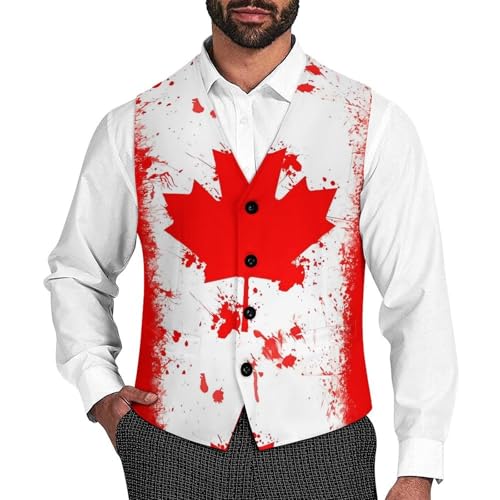 Canada Canadian Flag Suit Vest for Men Slim Fit Tuxedo Waistcoat Button Down V Neck Business Dress Coat