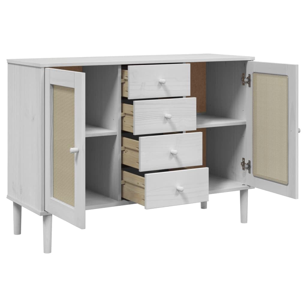 Buffet Commode en Bois Massif de Pin Blanc, Meuble de Rangement Aspect Rotin Style Bohème et Moderne, Enfilade avec 4 Tiroirs et 4 Compartiments pour Salon ou Chambre, 112x40x80 cm, SENJA