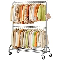 MISSLO 50" W Heavy Duty Clothes Rail with Wheels, Double Rods Industrial Clothing Rail Hanging Rack, Strong Rolling Garment Rails for Shirts, Coats, Jackets (Silver)