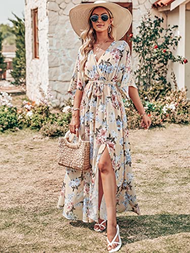 Image of ANRABESS Womens 1 /2 Sleeve Beach Wedding Guest Maxi Dresses 2026 Summer Wrap V Neck Boho Floral Flowy Slit Long Dresses