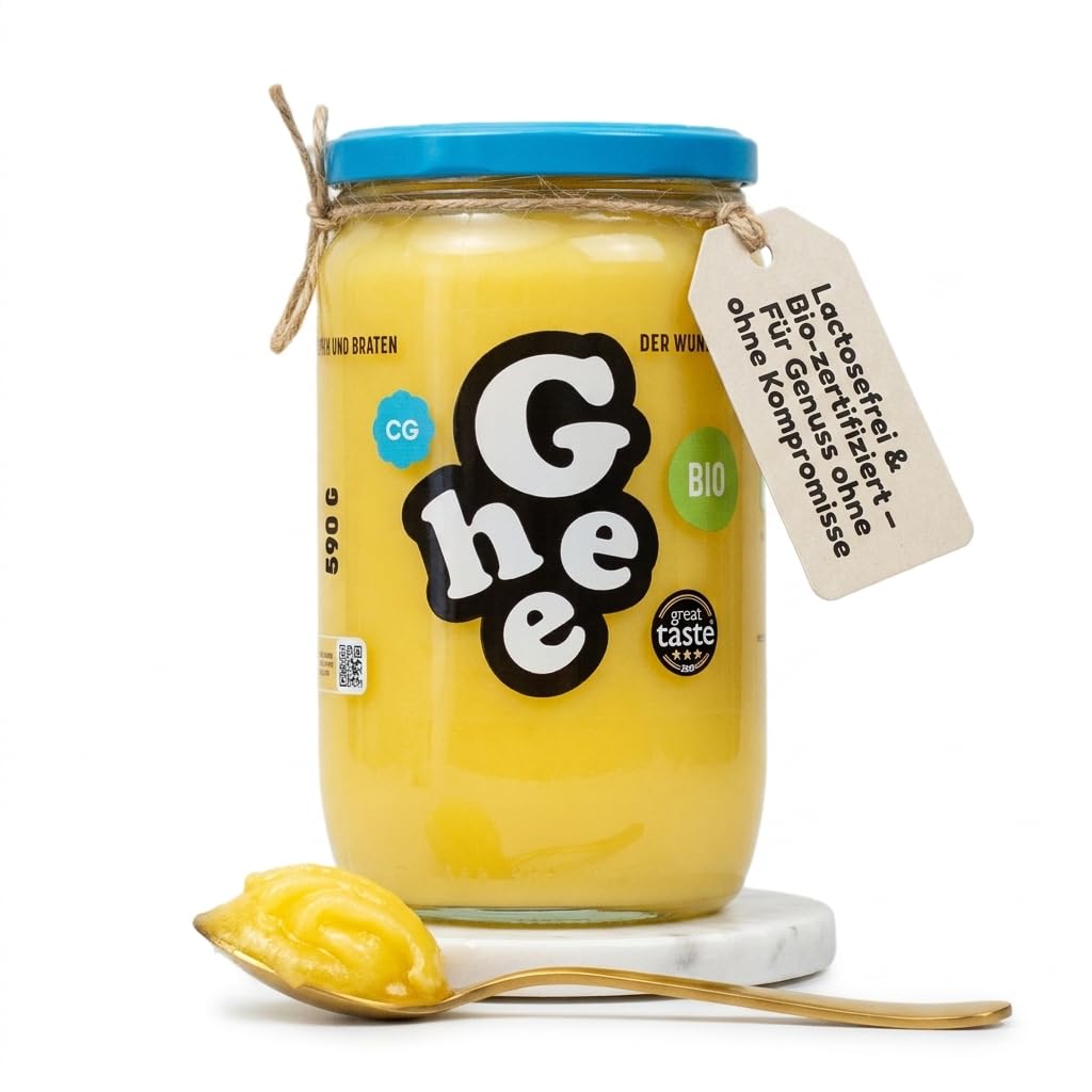 Ghee Bio Butterschmalz 590 g, Geklärte Butter, Laktosefrei | Grasgefüttert, Ayurveda-Qualität, zum Braten Kochen Backen, glutenfrei, ohne Zusatzstoffe, Great Taste Award, 100% EU