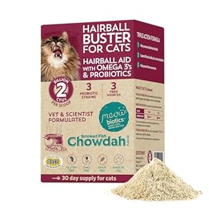 Meowbiotics Hairball Buster Powder for Cats with Probiotics 2 Billion CFU Smoked Fish Chowdah Flavor – 30 Serving(s)