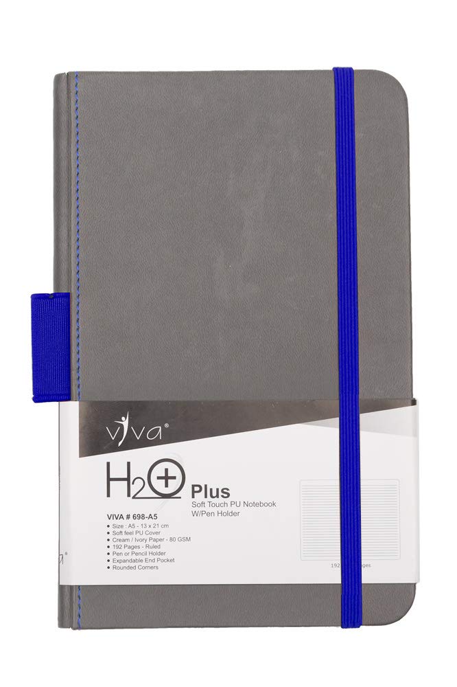 Viva H2O Plus A5 Notebook (Venzi Brand) 224 Pages 80 GSM Elastic Band Closure Hardbound Cover Journal Diary Pack of 1 (Blue + Grey)