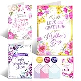 Decorably 6 Pack Foiled 5x7in Mothers Day Cards Pack with Envelopes and Stickers, 3 Floral Designs Happy Mothers Day Card with Printed Message Inside