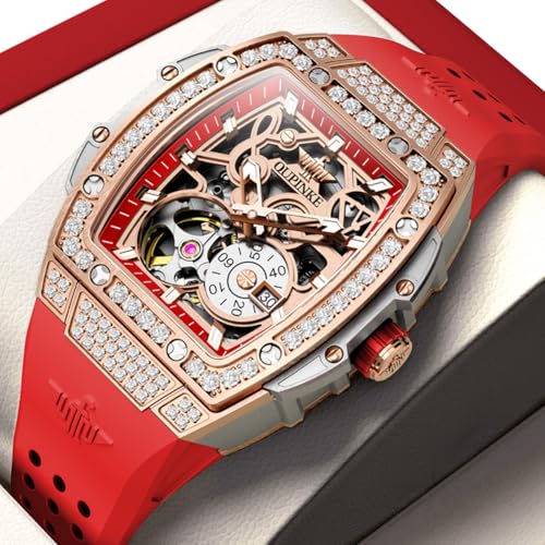 Image of OUPINKE Automatic Womens Watches Luxury Diamonds Hollow Skeleton Square Ladies Watches Soft Silicone Strap Fashion Dress Rose Gold Female Watch Waterproof