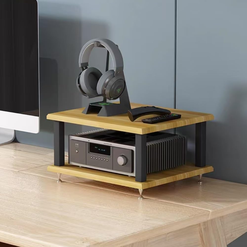 Orzechowy stojak audio HiFi, 2-poziomowy stojak na konsolę multimedialną do wzmacniacza stereo, głośników i odtwarzaczy płyt - stylowa półka wieżowa AV dla miłośników muzyki i audiofilów
