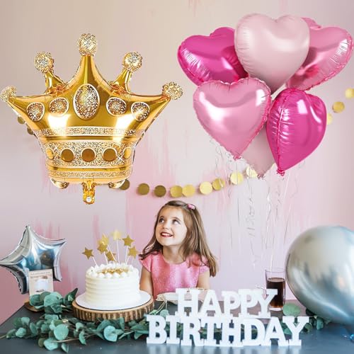 Image of Pink Mixed Heart and Crown Balloon Galentines Valentines, Gold Large Crown Foil Balloons with Hot Light Pastel Pink Heart Shape Mylar Balloon Set for Girls Princess Queen Pink Party Decoration