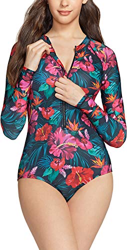 TSLA Women's UPF 50+ One Piece Long Sleeve Swimsuit, UV Sun Protection Bathing Suits, Half-Zip Front Surfing Rash Guard, Print(fso11) - Summer Night, X-Small