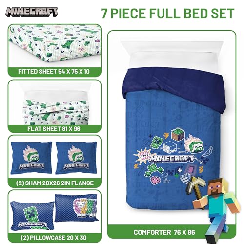 Image of Minecraft Creeper Full Size Comforter Set 7 Piece Kids Bedding, Blue | Gaming, Bed in a Bag, Comforter Sheets Shams Pillowcases, Official Product, Soft Microfiber, Machine Washable, Girls Gift