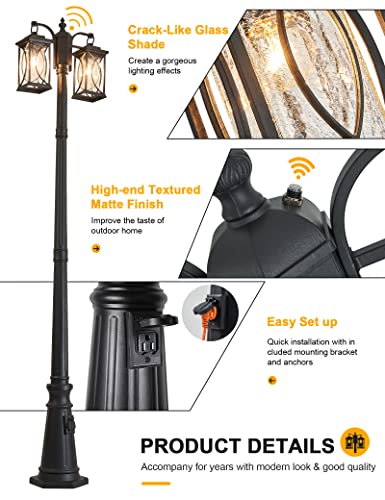 Delicavy Dusk To Dawn Outdoor Lamp Post Light Modern 2-Head Street Pole Light Fixtures With Outlet, Waterproof Black Outside Street Light Electric Lantern For Backyard, Garden Patio Driveway #TOP4
