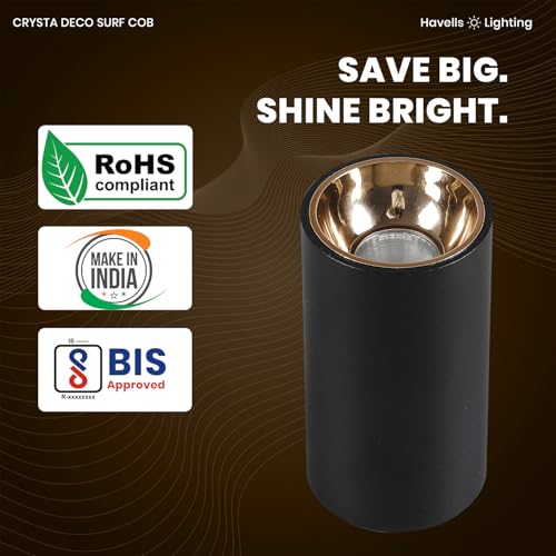 Image of Havells Crysta Deco Surf Cob 12W 3K Gold B,Led-Spotlights,Energy Efficient,Long Life of 25000 Burning Hours,Beam Angle of 36,Metal Body Cob with Integrated Driver,Warm White (3000K)