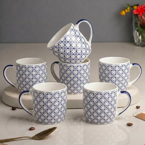 Image of U.P.C. Ceramic Coffee Tea Mugs Set of 6, White & Blue Geometric Print, Coffee Cups for Home & Office, Microwave & Dishwasher Safe Mugs, Stylish Drinking Cups for Tea, Coffee & Hot Beverages