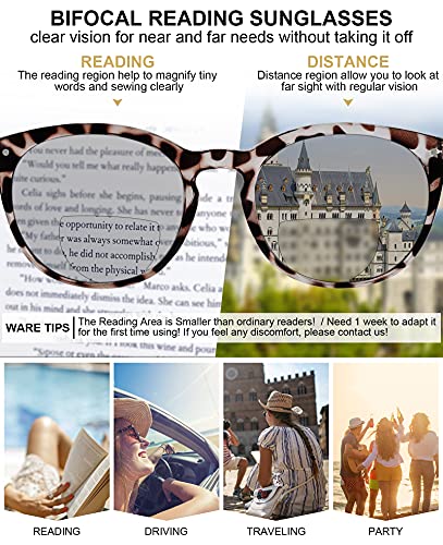 Image of MARE AZZURO Round Bifocal Reading Sunglasses Women Large Outdoor Readers 1.00 1.50 2.00 2.50 3.00 3.50 (Leopard, 150)