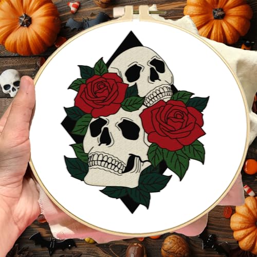 Image of BEUNITONE 4 Set Skull Embroidery kit for Beginners Flower Starter Kits Halloween Skull with Flowers DIY Needlepoint Kit for Adults with Instruction Rose Skull Handmade Embroidery Kits for Gifts