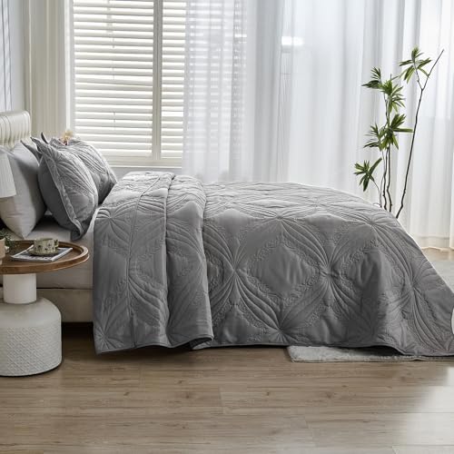Image of Kingnex Oversized King Bedspreads 128x120 for Tall King or Cal King Bed Ultrasonic Quilted Coverlet Set 3 Piece Include 1 Extra Wide Quilt 2 Pillowcases Dark Grey