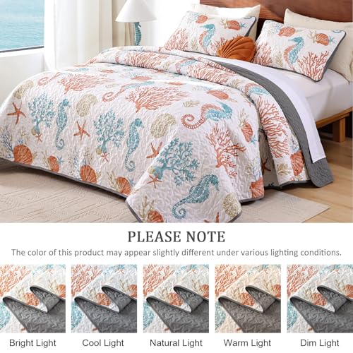 Djoymock Coastal Quilt Set Queen Size, 3 Pcs Summer Orange Beach Theme Bedding Set with Pillowcases Reversible Microfiber Ocean Comforter Set Nautical Lightweight Bedspread Coverlet Set for All Season - Image 8