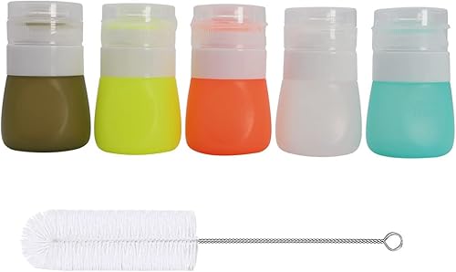 Ksooly Paquete de 5 botellas de aderezo para ensaladas de 1.3 onzas con cepillo de limpieza, recipiente pequeño para aderezo de ensalada para