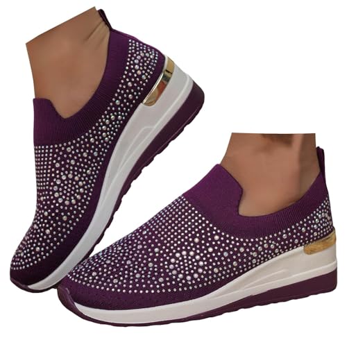 Orange Sneakers Women,Glitter Rhinestone Sneakers for Women,Sparkly Tennis Platform Wedge Shoes,Rhinestone Mesh Slip-On Breathable Bling Tennis Shoes