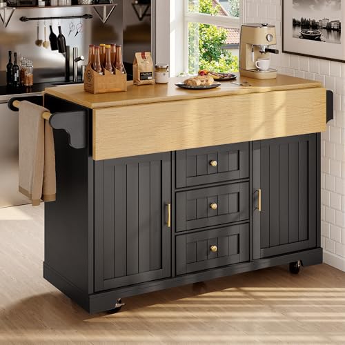 Bladez Isla de cocina/armario buffet 120×40(80)×95 cm, carro de cocina extensible con ruedas, plegable por ambos lados, espacio de almacenamiento, toallero, estante para especias, 2 puertas y 3