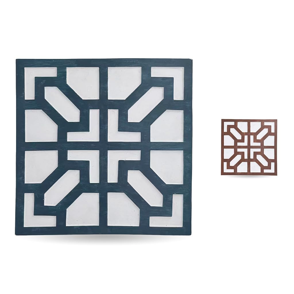 2 Pack Square Stepping Stones, 10” Cement Garden Path Stones in Moroccan Tile Design, Modern Geometric Outdoor Patio Decor, Weather-Resistant (Midnight Indigo)